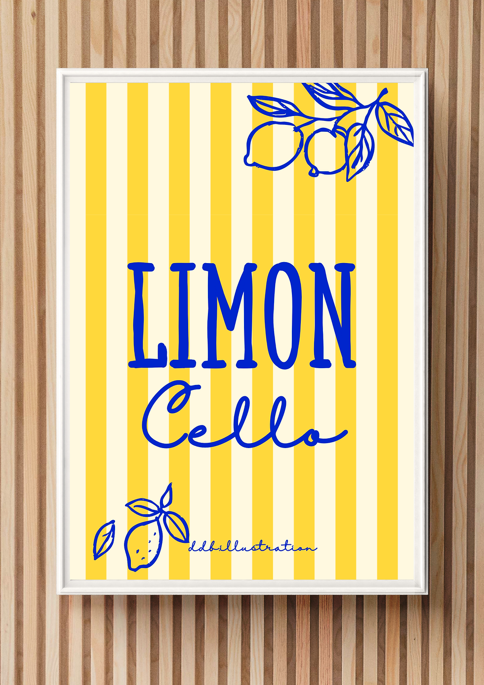 Illustration colorée de style méditerranéen avec rayures jaunes et blanches, citrons bleus et texte personnalisable