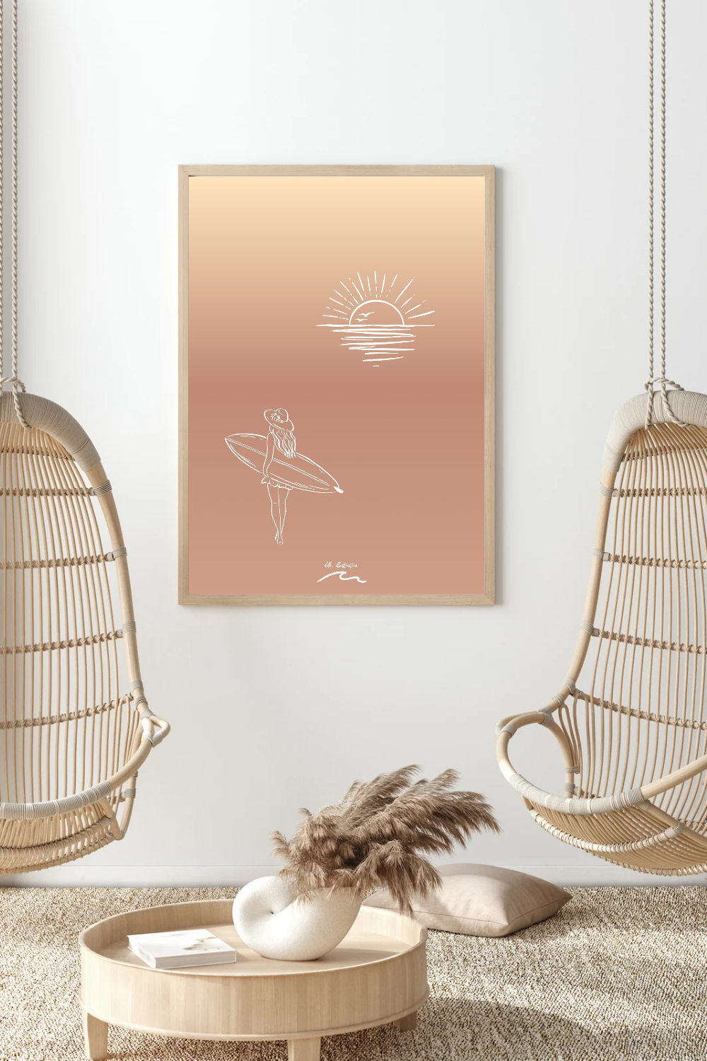 Affiche surf & coucher de soleil – Illustration Lifestyle Landes océan
