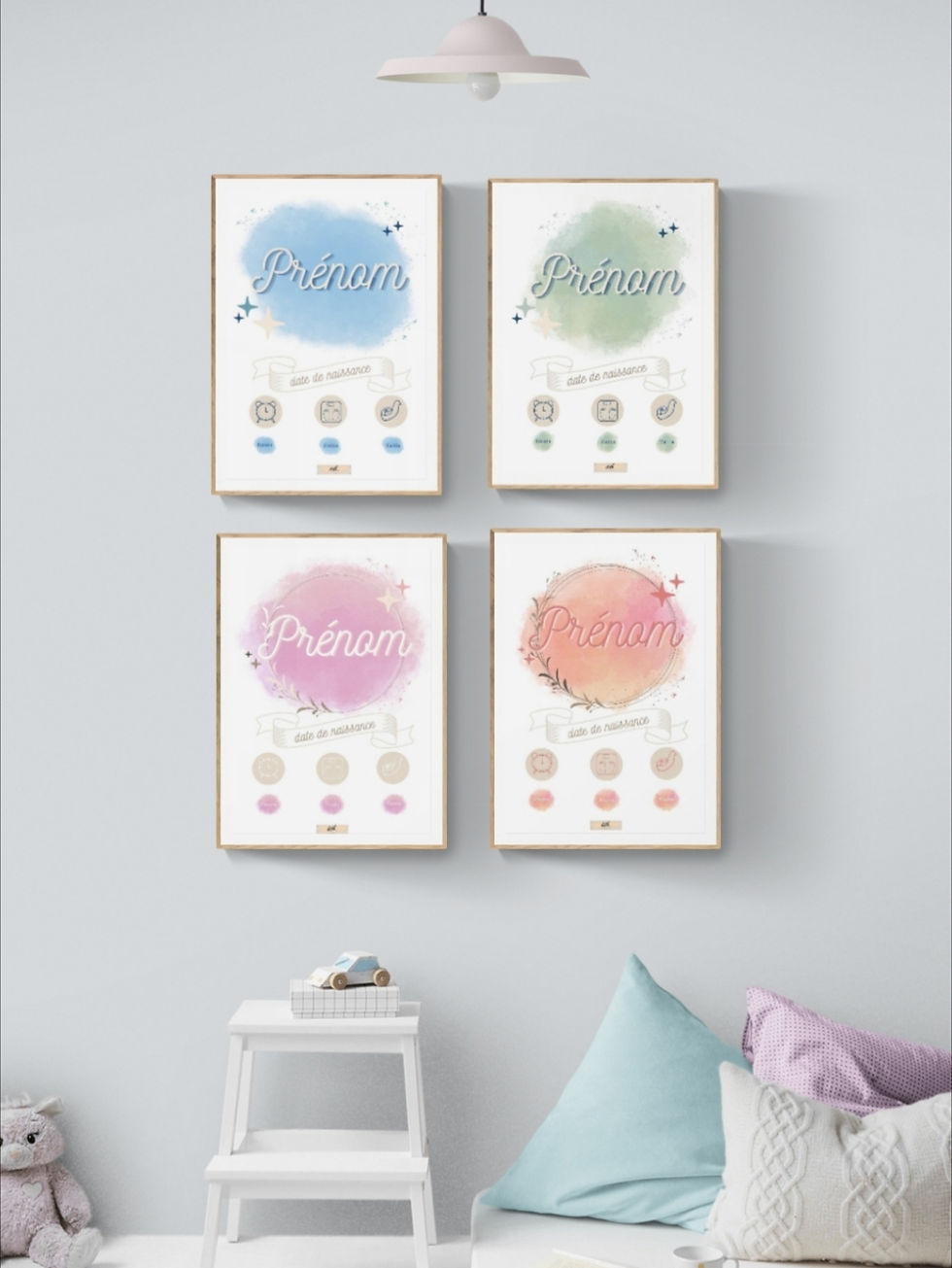 Miniature : Affiche de naissance personnalisée couleurs pastels avec prénom, date, poids, taille et heure de naissance