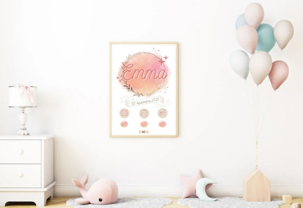 Miniature : Affiche de naissance personnalisée couleurs pastels avec prénom, date, poids, taille et heure de naissance