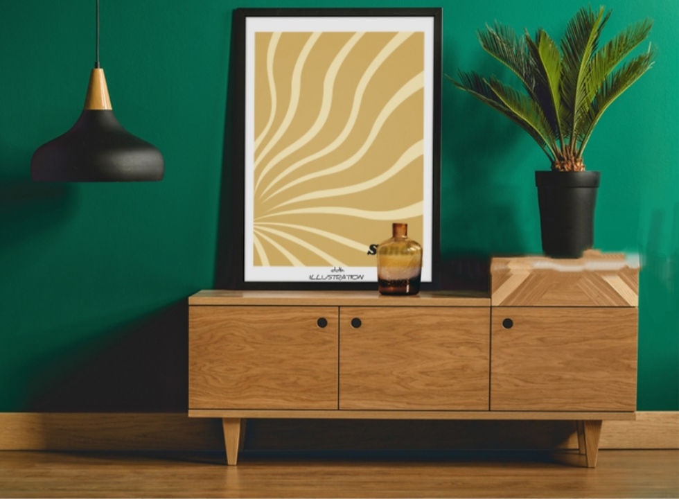 Miniature : Cadre noir avec l'affiche "sand" posé sur un buffet vintage en bois à côté d'une plante verte