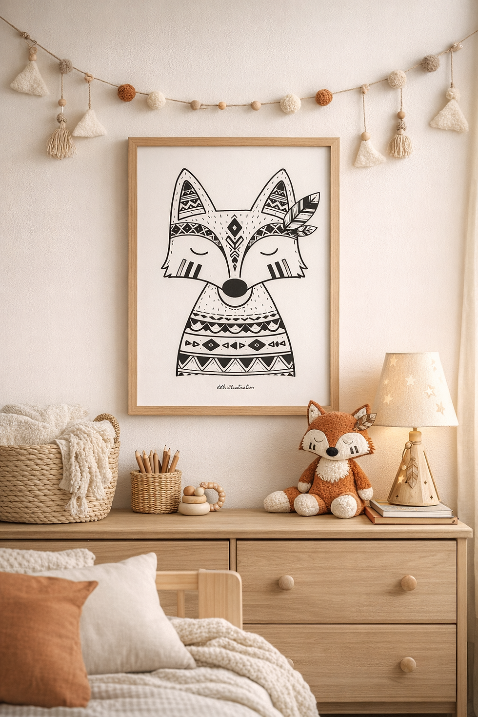 Miniature : Affiche déco chambre enfant avec renard inspiré univers indien et apaches, illustration murale bohème au style minimaliste