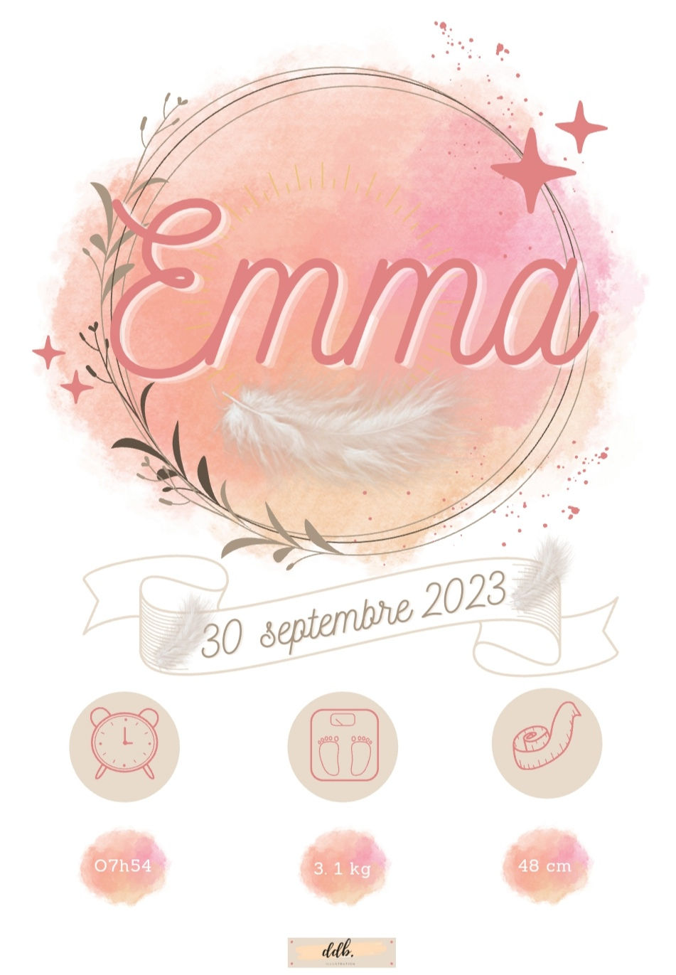 Miniature : Affiche de naissance personnalisée couleurs pastels avec prénom, date, poids, taille et heure de naissance
