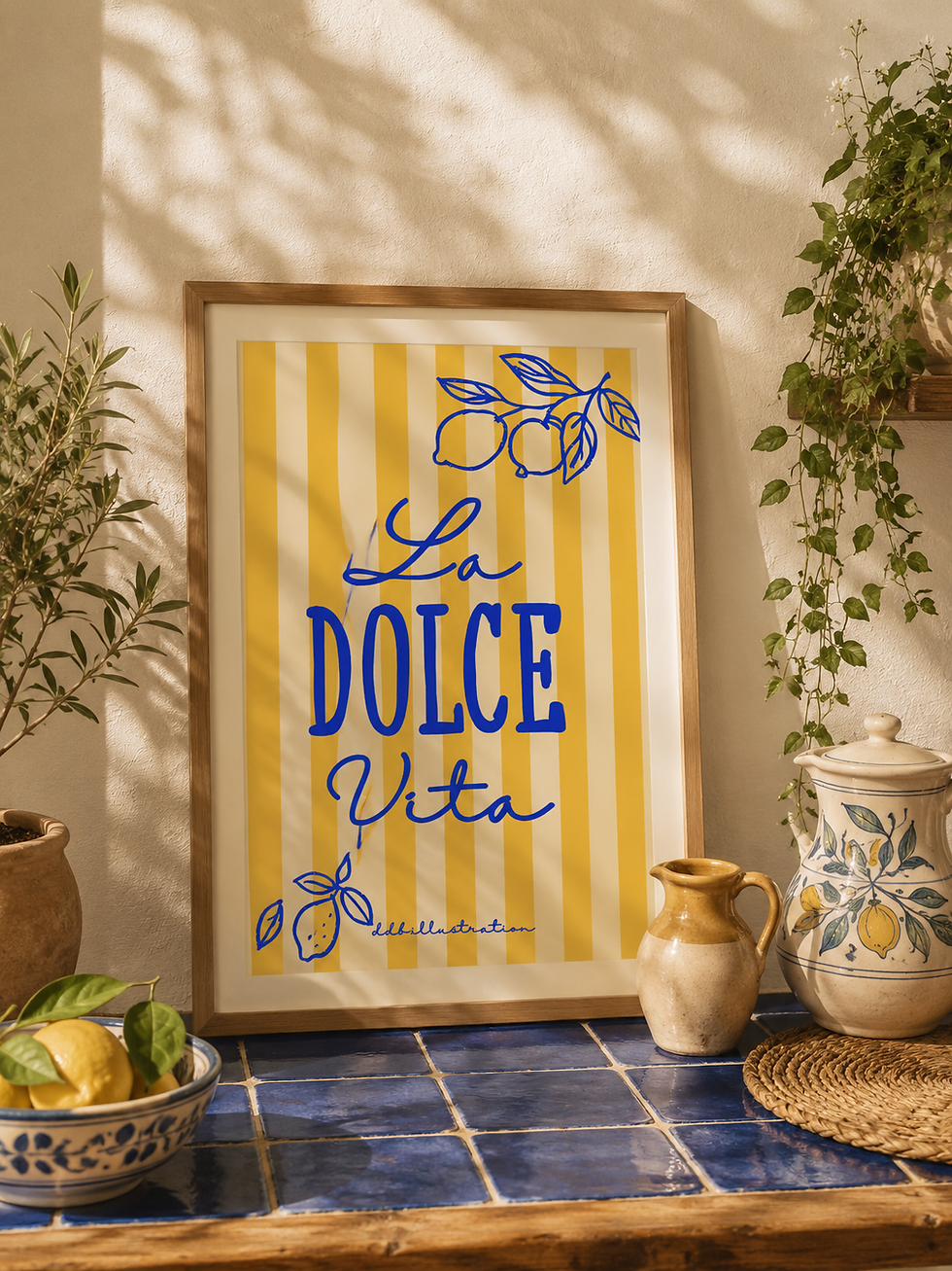 Illustration colorée de style méditerranéen avec rayures jaunes et blanches, citrons bleus et texte personnalisable