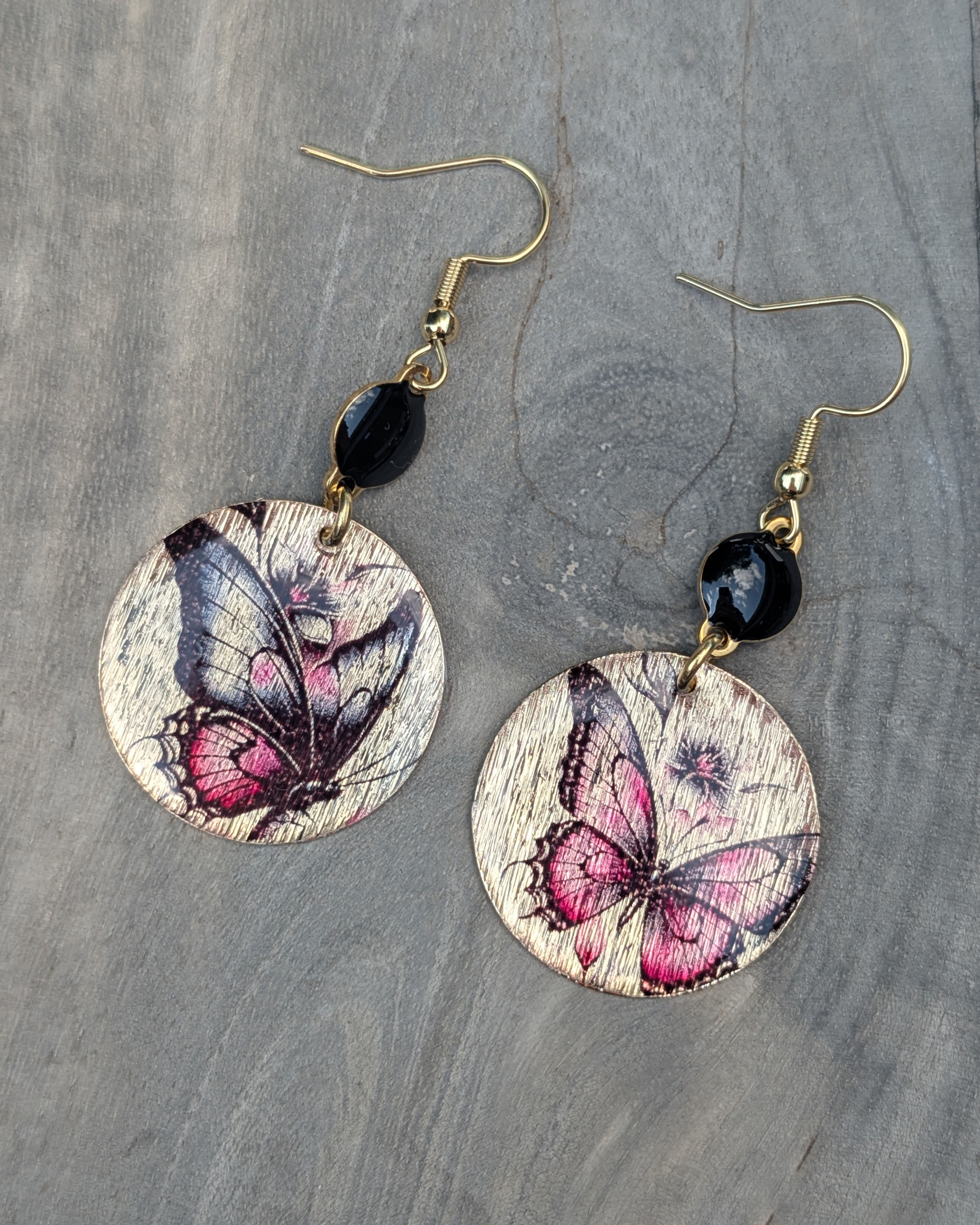 Boucles d'oreilles PAPILLONS, noir, rose et doré