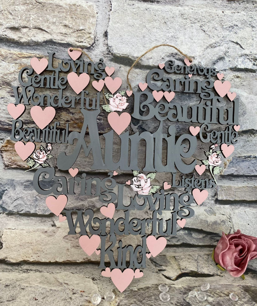 Thumbnail: worded hearts friend, mum, auntie, sister, mr & mrs, niece, personalised, Daddy