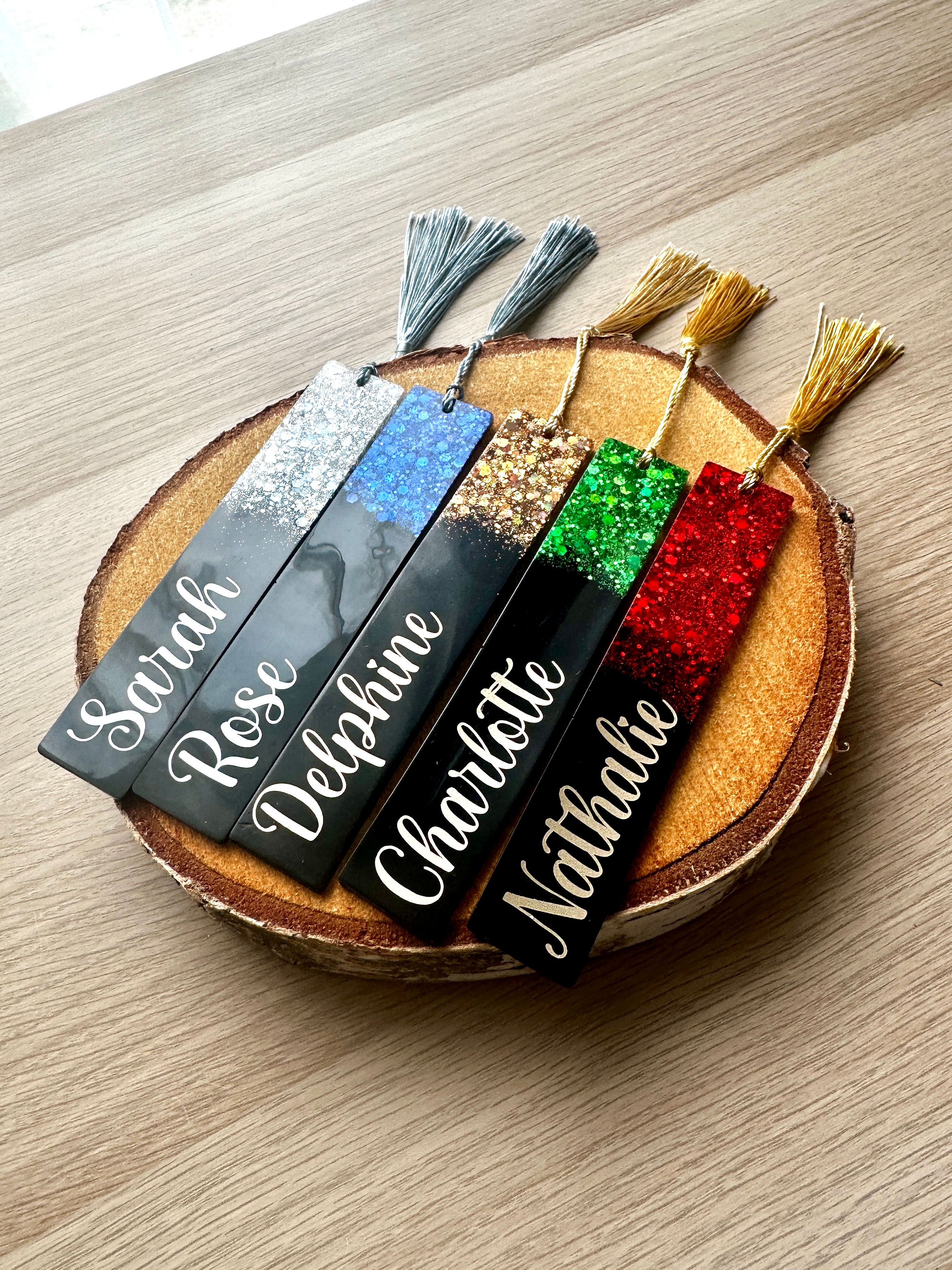 Marque-page personnalisé noir et paillettes en résine époxy, cadeau pour lecteur