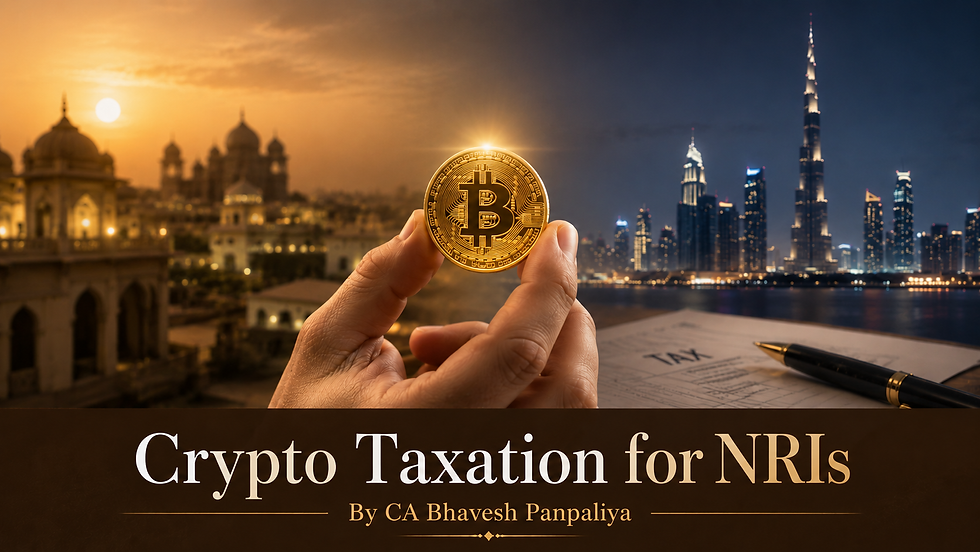 Cinematic blog banner showing a hand holding a Bitcoin coin between an Indian skyline and an international cityscape, representing NRI crypto taxation.