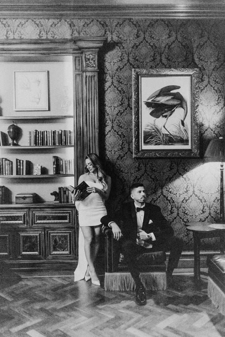 Editorial black and white engagement portrait inside Fairmont Grand Del Mar