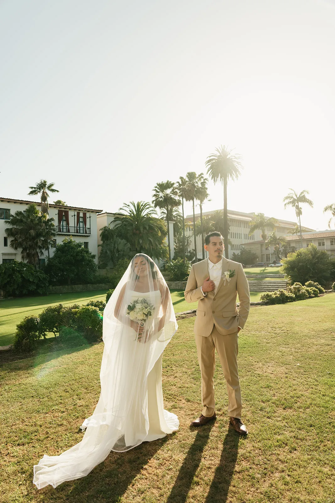 bride and groom sunset portraits at their santa barbara courthouse elopement