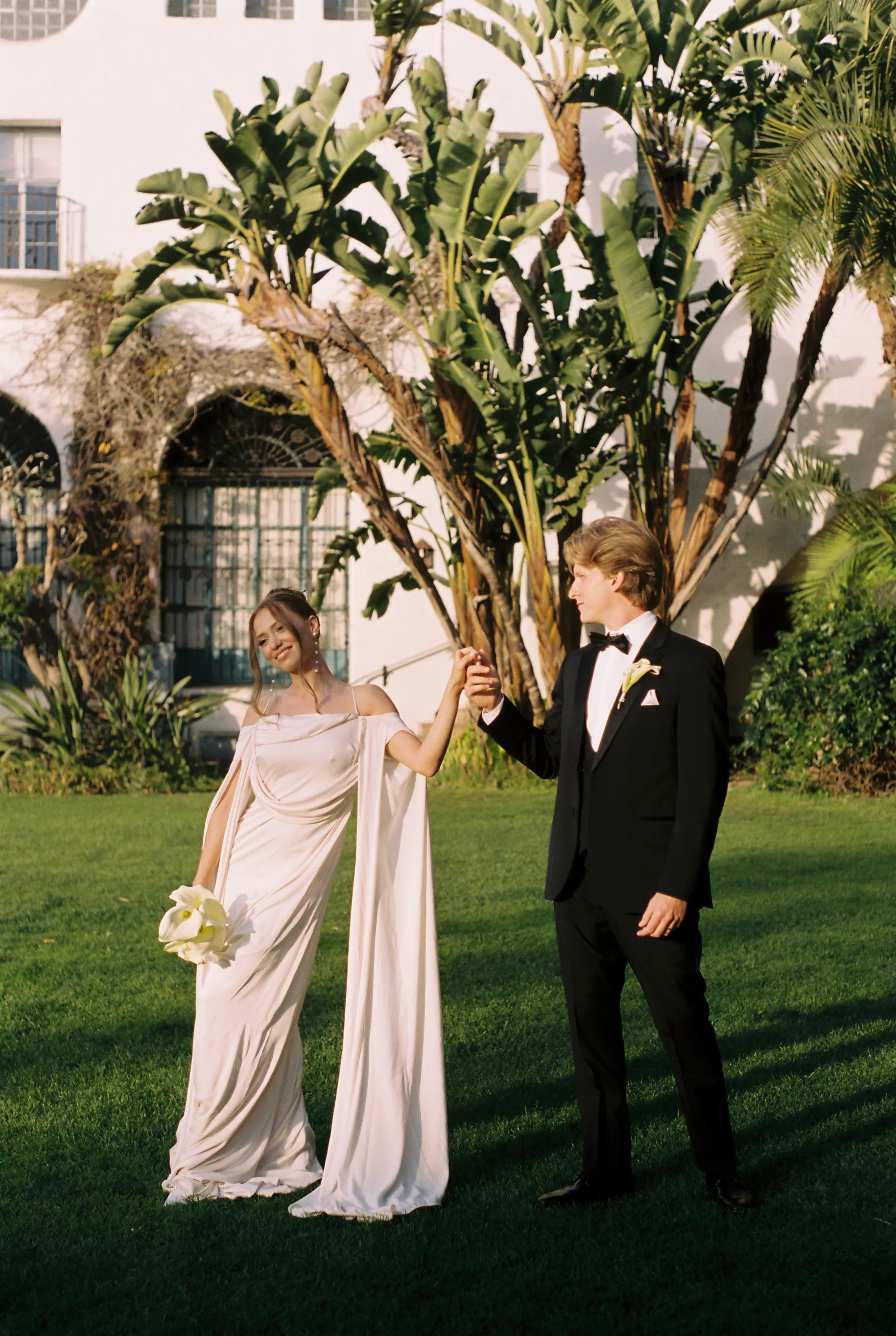 film wedding photography portrait showing warm tones and soft light during a santa barbara courthouse wedding