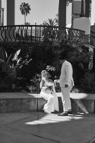 black and white of bride and groom at Beverly hills City hall elopement 