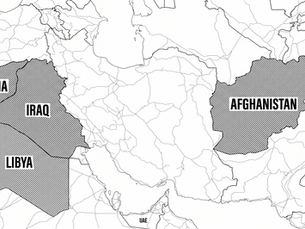 Map highlighting Afghanistan, Syria, Iraq, and Libya