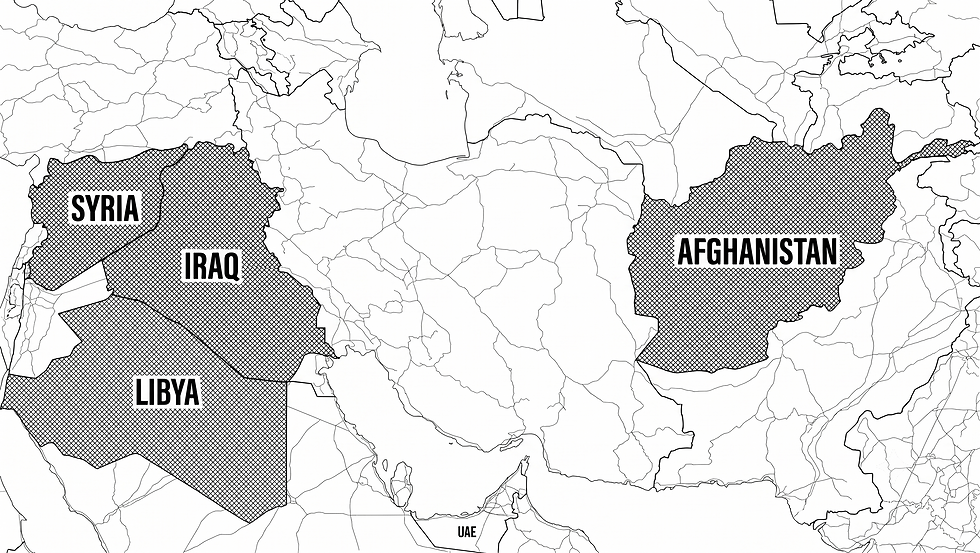 Map highlighting Afghanistan, Syria, Iraq, and Libya