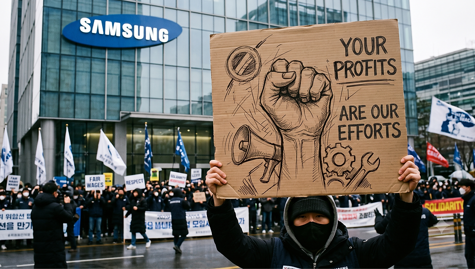 Protesters assembled outside the headquarters of Samsung, advocating for a share of the company's record profits following its achievement of $39.6 billion in earnings during the first quarter of 2026.