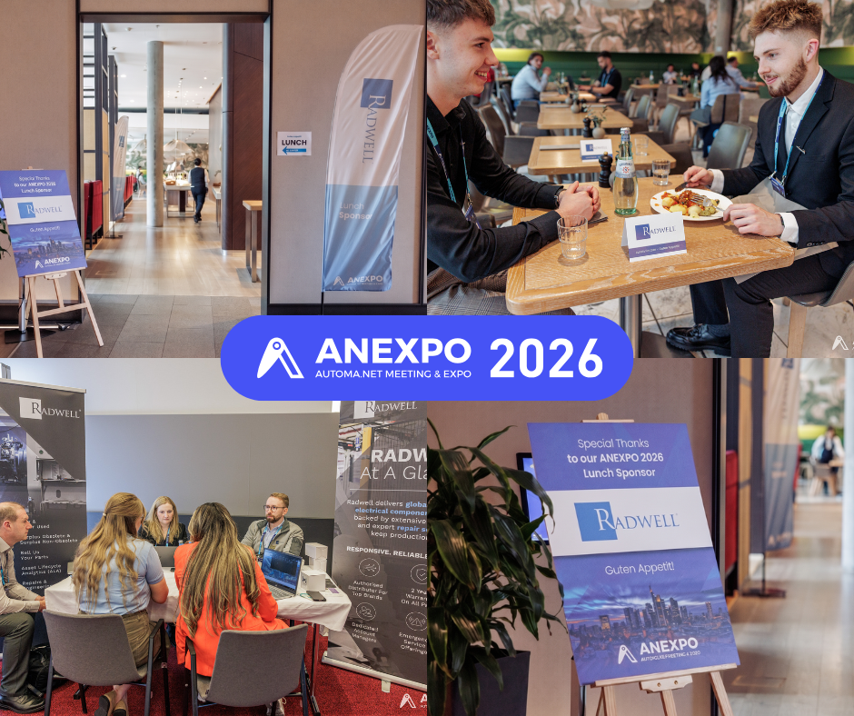 Photo collage from ANEXPO 2026 showing conference delegates during lunch and meetings, alongside official Radwell lunch sponsor branding.