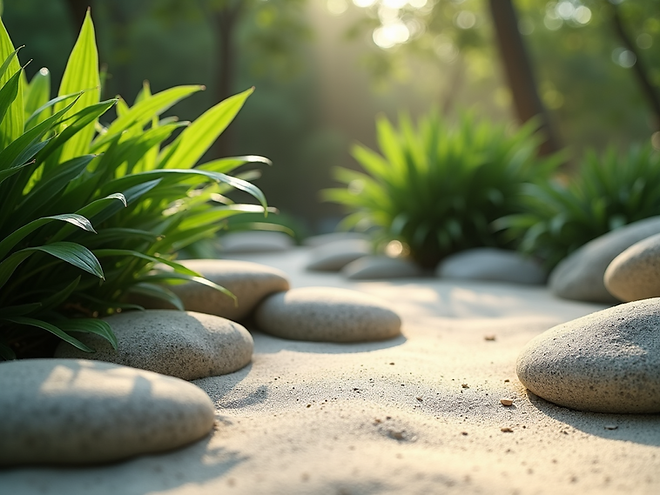 A peaceful zen garden with smooth rocks, raked sand, and lush green plants, bathed in soft