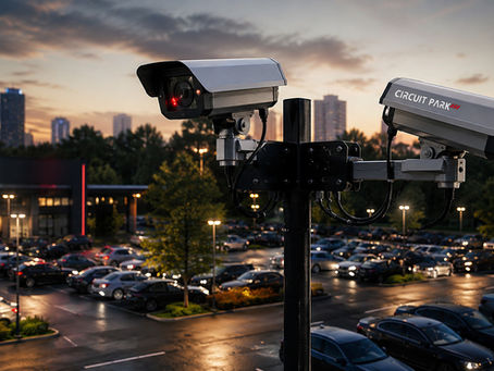 Duas câmeras de vigilância sobre um estacionamento ao entardecer, com luzes acesas e o texto CIRCUIT PARK visível.