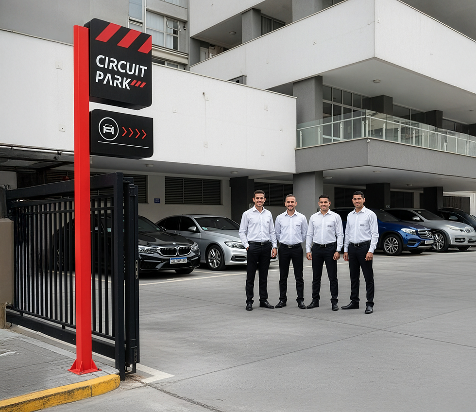 Fotografia em alta resolução de quatro profissionais uniformizados da Circuit Park, em pé diante da entrada de um estacionamento corporativo moderno. Eles vestem camisas sociais brancas com o logotipo da empresa bordado e calças sociais pretas, transmitindo aparência profissional e alinhada. À esquerda da imagem, há uma placa vertical da Circuit Park com design preto e vermelho, próxima a um portão de ferro e carros estacionados. O cenário é urbano, com fachada de edifício comercial ao fundo, sob luz natural suave.