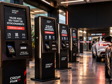 Totens de estacionamento Circuit Park em garagem moderna; carros na fila e telas com Valide aqui seu ticket de estacionamento.