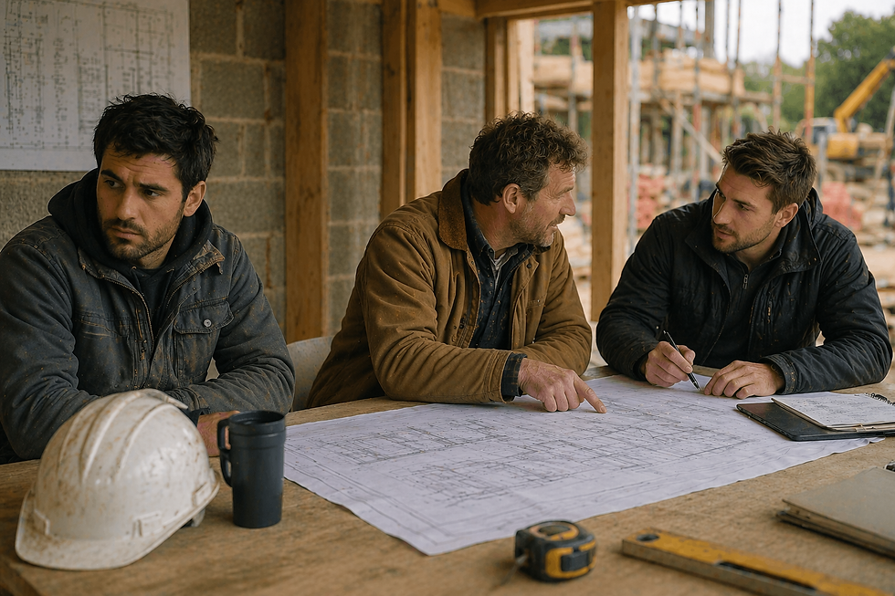 Three construction business partners reviewing plans, with one man excluded from the discussion, illustrating minority shareholder conflict