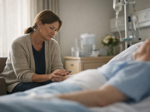 A middle-aged woman sitting beside a hospital bed, holding a patient’s hand in a softly lit hospital room.