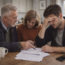 Parents and adult son in a kitchen discussing money, reflecting the uncertainty of whether financial support is a loan or a gift
