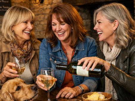 attractive middle aged  women smiling and  sharing bottle of wine in english 