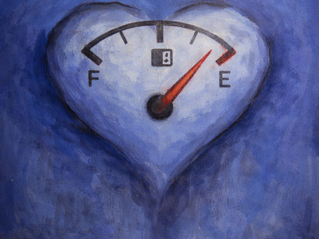 Hand-painted blue heart shaped as a fuel gauge showing near empty, symbolising emotional exhaustion and relationship breakdown