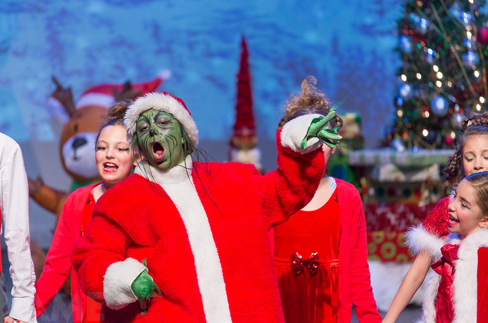 Young performers participating in Grinch musical theatre production.