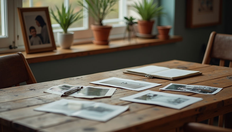 Eye-level view of a rustic wooden table with family photos and business memorabilia