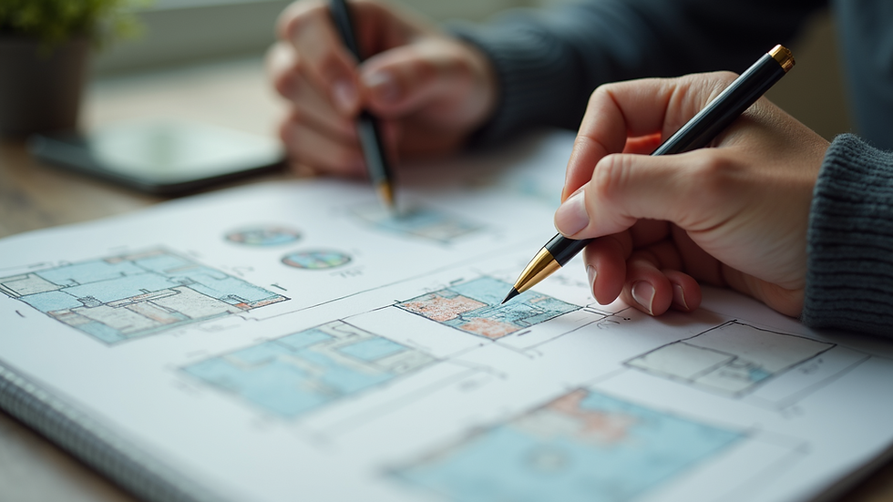 Close-up view of a designer sketching website layout on paper