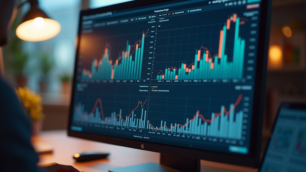 High angle view of a computer screen showing website analytics and growth charts