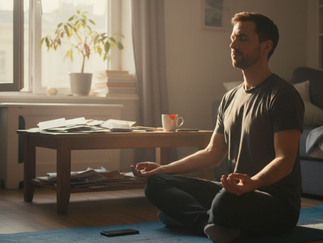 Man practicing meditation in casual living room