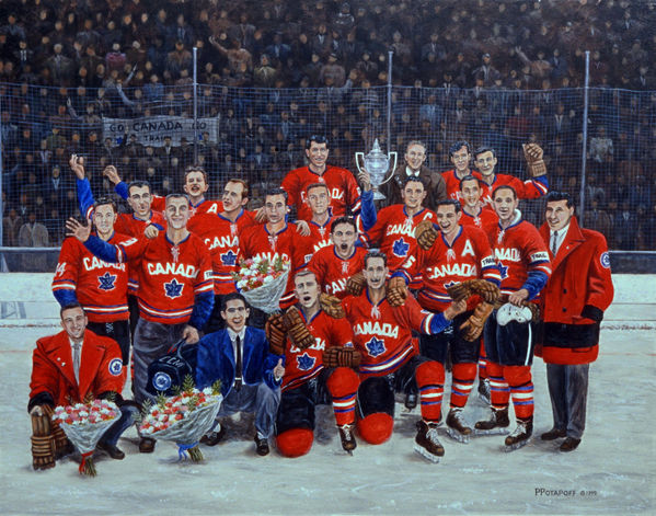Acrylic painting of a Canadian hokey team winning a tournament.
