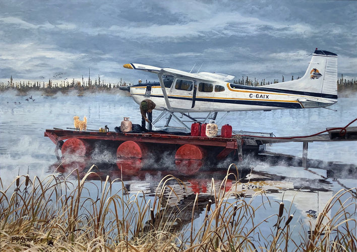 Acrylic landscape painting of a plane docked on a lake.
