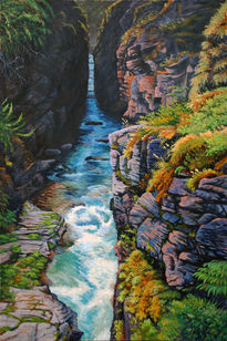 Acrylic landscape painting of a cliff and a river under it.