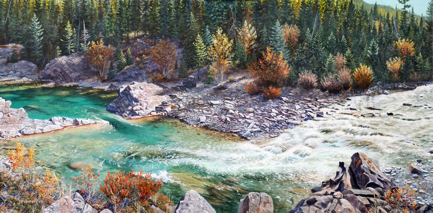 Acrylic landscape painting of a river in the valley.