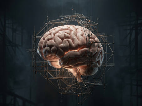 A surreal depiction of a human brain surrounded by intricate scaffolding, symbolizing the complex architecture and endless potential of human thought and innovation.