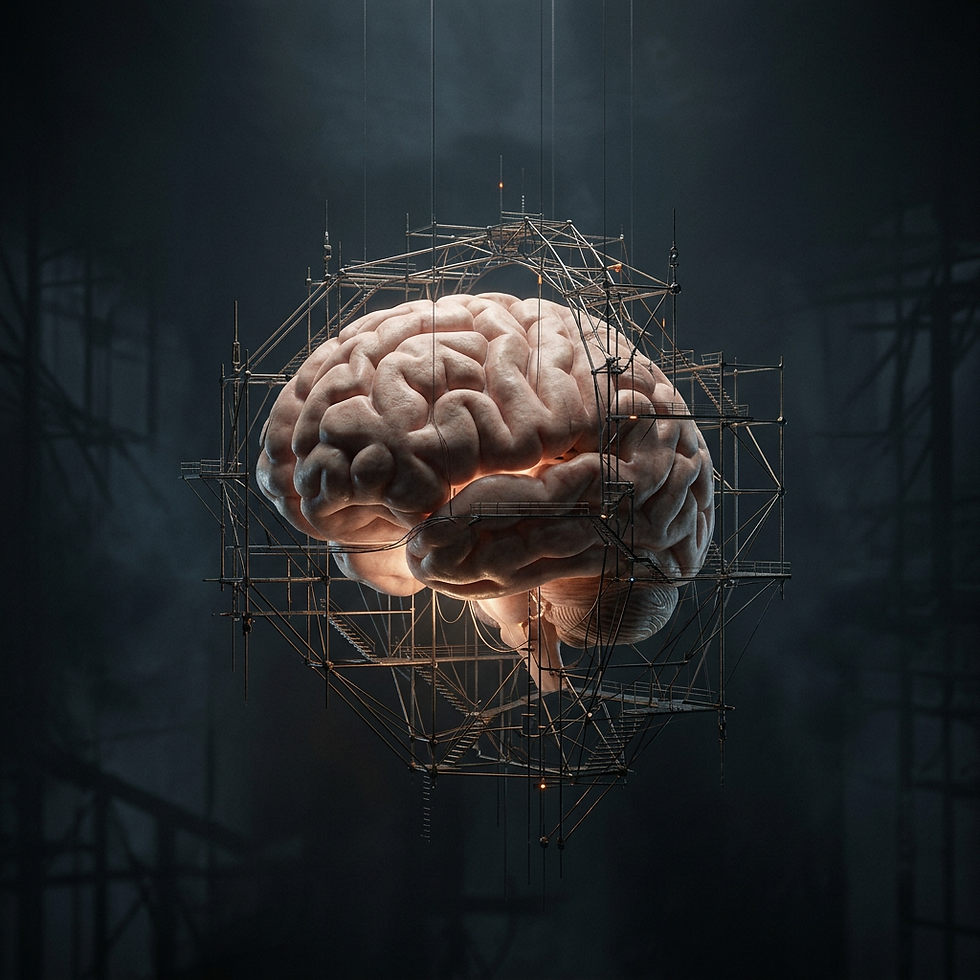 A surreal depiction of a human brain surrounded by intricate scaffolding, symbolizing the complex architecture and endless potential of human thought and innovation.