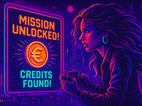 First-person view of a cyberpunk-style video game where a female player discovers glowing in-game credits, with neon lights and a futuristic cityscape in the background.