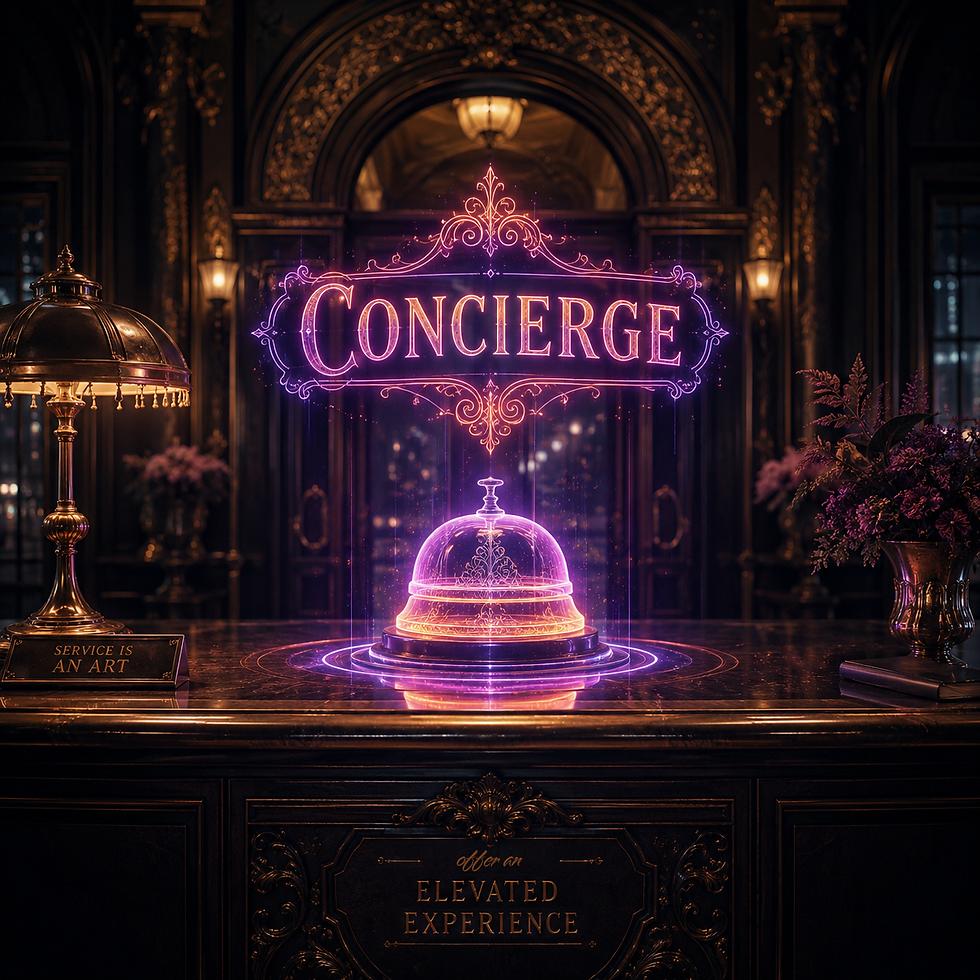 Futuristic Victorian concierge desk with holographic hotel bell, representing customer-facing AI, brand strategy, and AI concierge systems by 2113 Labs.