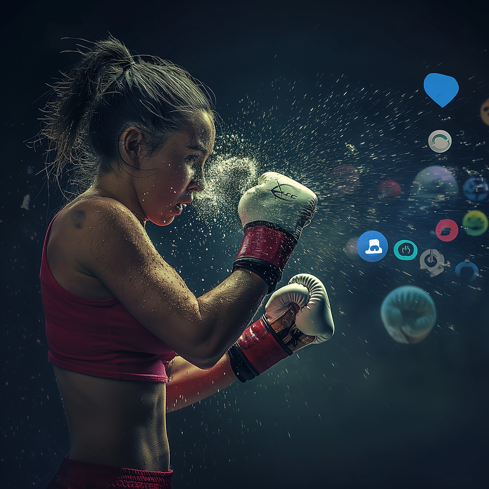 A fighter sparring with social media icons