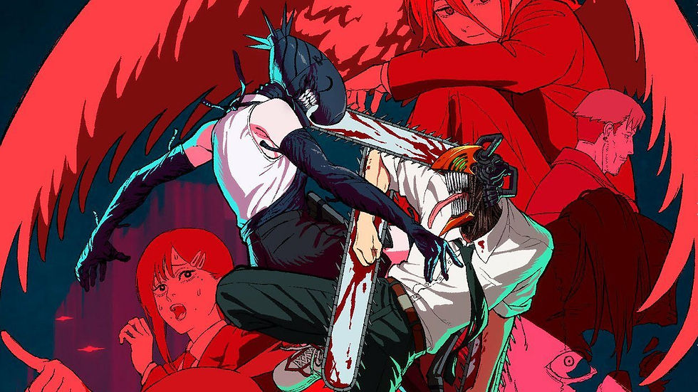 Anime characters with chainsaw arms and red wings in dynamic poses. Bold colors dominate the scene with intense expressions.