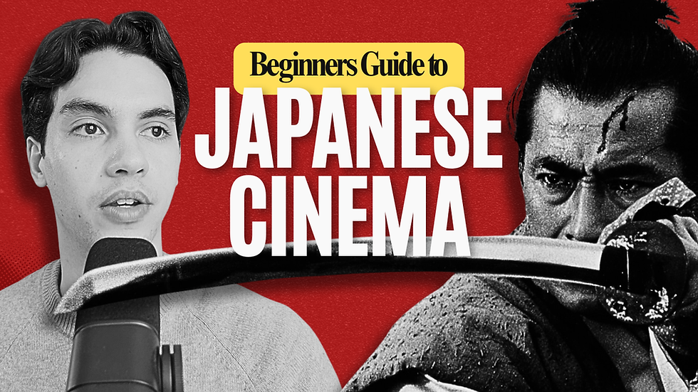 Man speaking into a microphone, samurai with sword on right. Text: "Beginners Guide to Japanese Cinema." Red background.