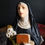 Miniature : Unusual French antique St Rita with lilies polychrome plaster statue