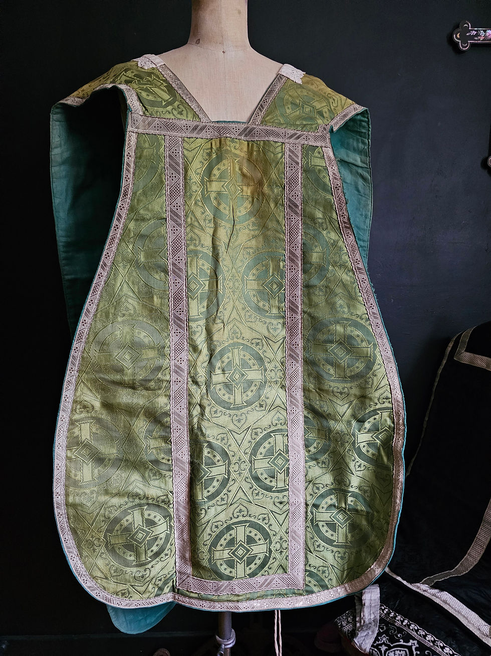 Vintage priest green chasuble with Christogram - very worn