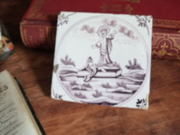 Antique Dutch Delft faience manganese tile of a Biblical scene Jesus heals a man