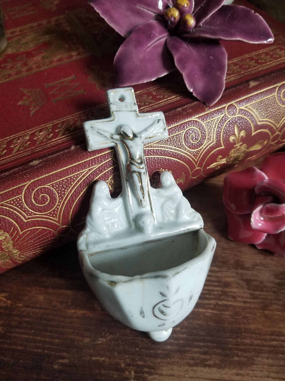 French antique porcelain Holy water font with calvary and skull