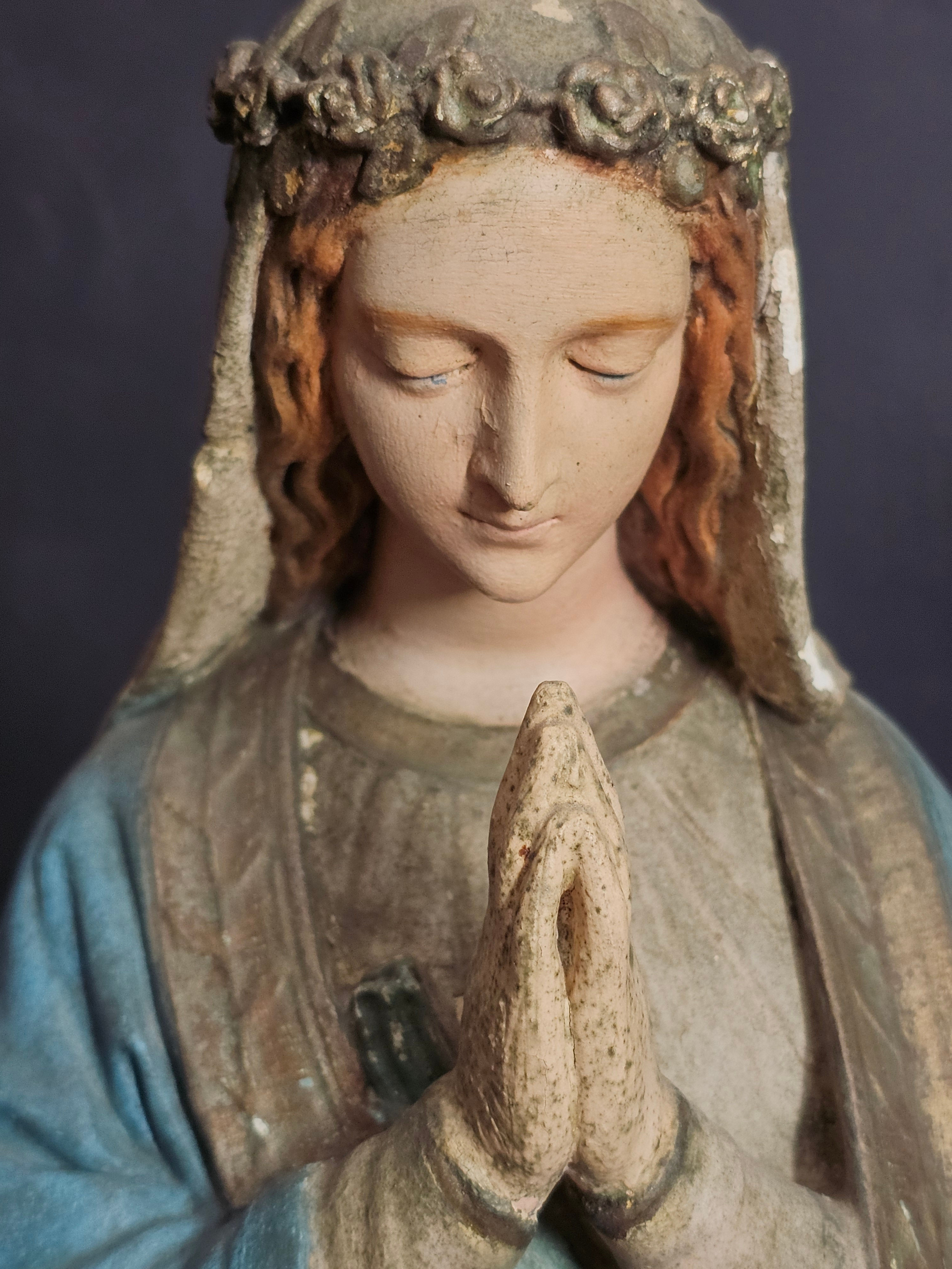 Large French antique Our Lady painted plaster statue